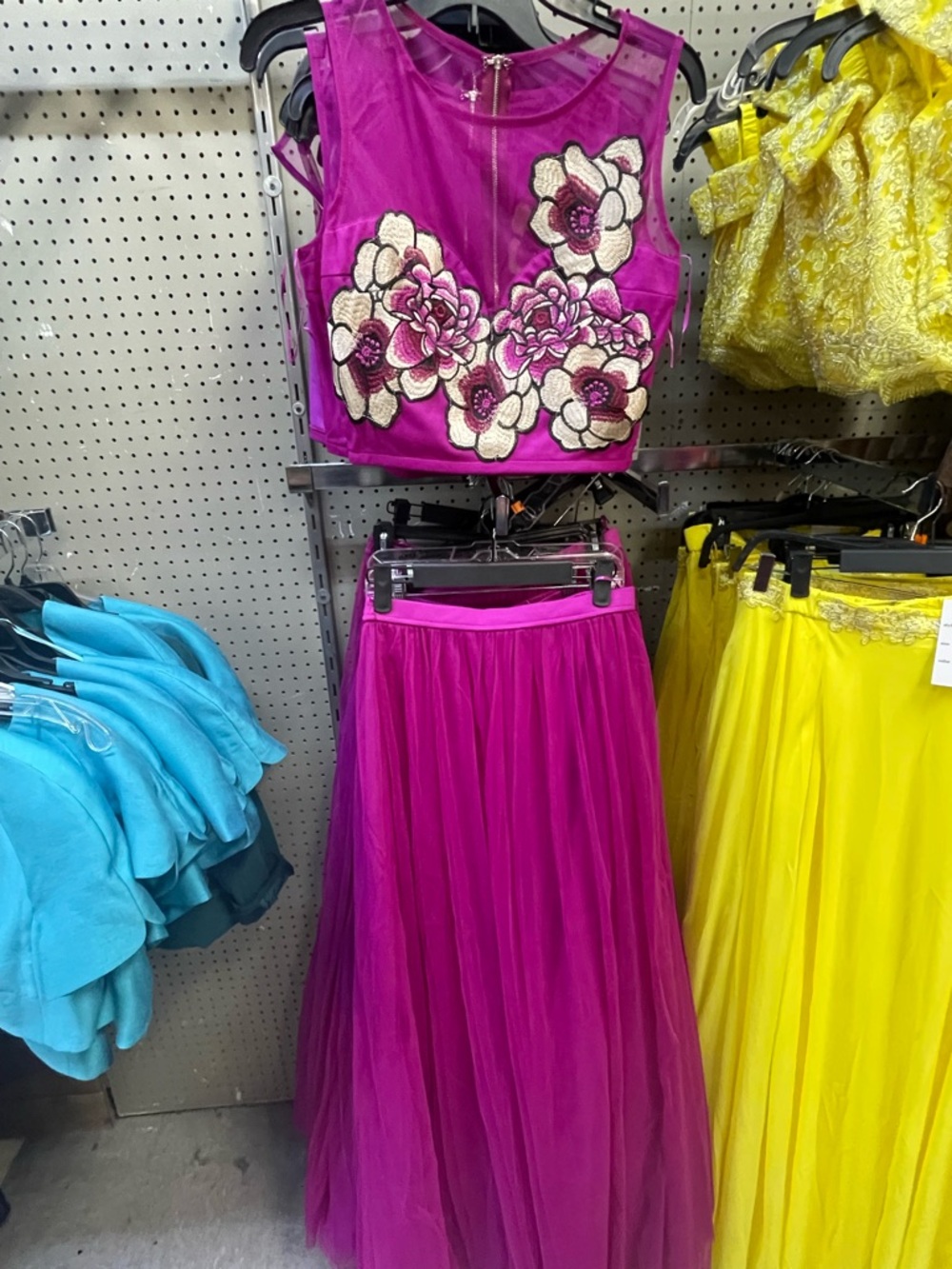 Floral Embroidered Mesh Crop Top & Tulle Skirt 2 piece prom dress